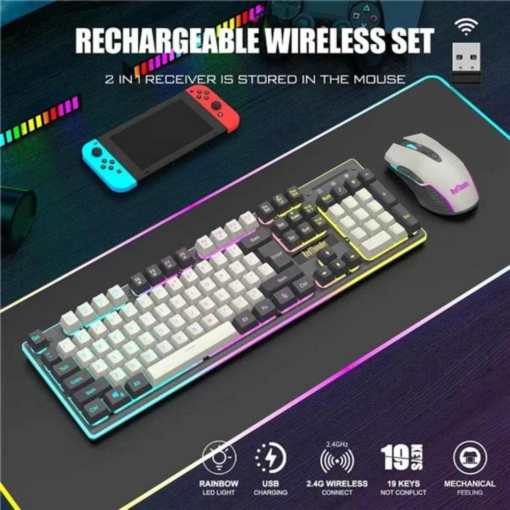 K10 Wireless Gaming Keyboard and Mouse Combo, LED Backlit Rechargeable 3800mAh